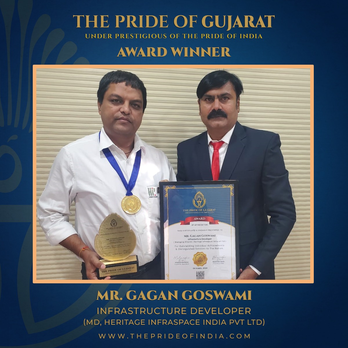 Gagan Goswami received the ‘Pride of Gujarat Award’ 2020 for fulfilling his social responsibility towards society