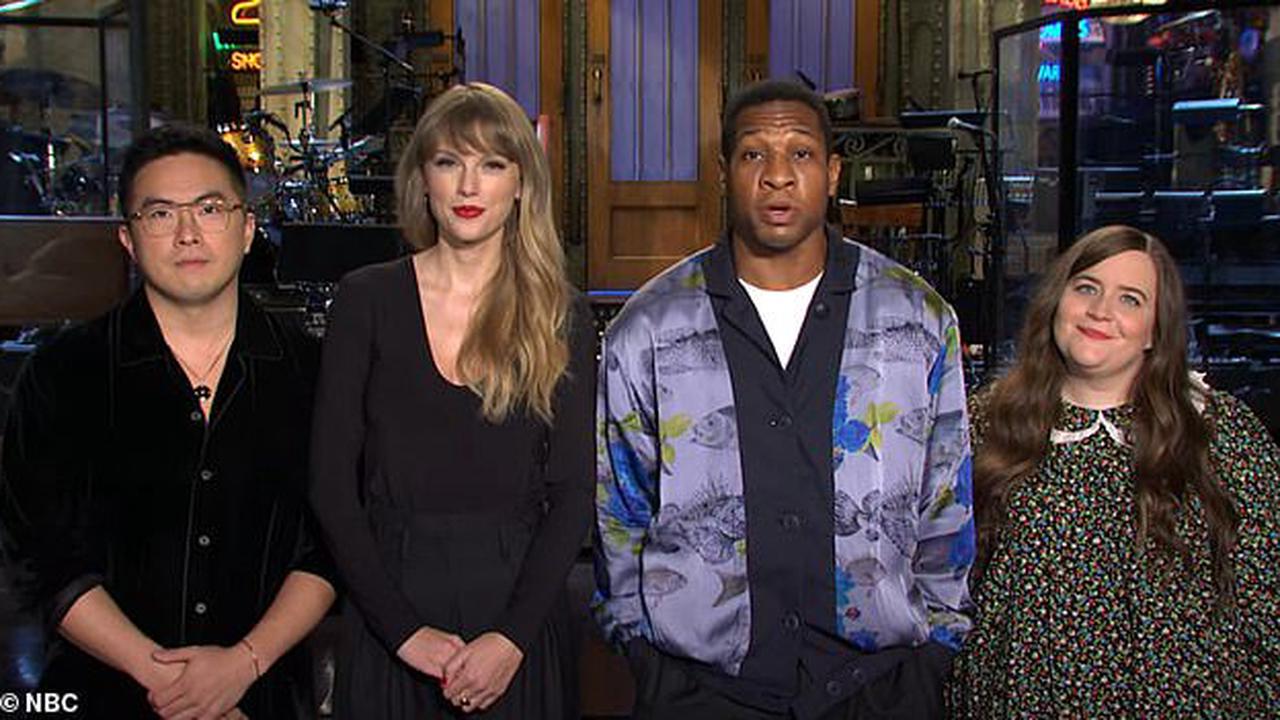 Taylor Swift jokes around with comedian Bowen principal and actor Jonathan Majors throughout 1st promo for her look on weekday Night Live