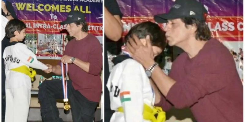 Taimur Ali Khan kisses Shah Rukh Khan when he gives him a medal at a Taekwondo competition, melting fans’ hearts