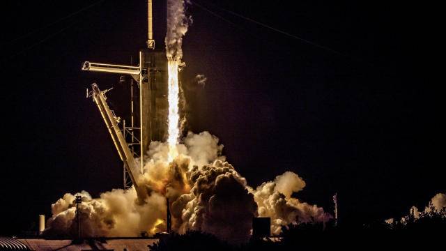 On the 80th orbital launch of the year, the SpaceX Falcon 9 rocket takes off