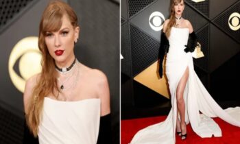Taylor Swift Looks Gorgeous on the Grammys Red Carpet in White and Black
