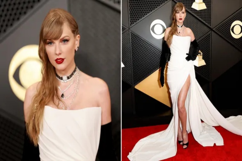 Taylor Swift Looks Gorgeous on the Grammys Red Carpet in White and Black